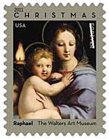 2011 Christmas Stamp. Raphael, 'Madonna of the Candelabra' (1513), tondo (circular painting), oil on panel, Walters Art Museum, Baltimore
