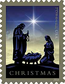 US Christmas Stamp 2016-17, 'Nativity', designed by Greg Breeding, with original art by Nancy Stahl.