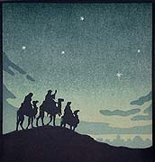 'The Wisemen' (c. 1925), by Australian woodcut artist John Hall Thorpe (1847-1947), color woodcut, 7-7/8 x 7-1/2 in.