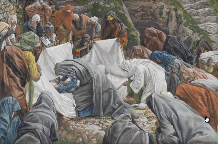 Tissot, The Holy Virgin kisses the face of Jesus before it is wrapped in the winding-sheet