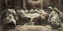 James J. Tissot, 'The Last Supper: Judas Dips Bread into the Bowl' (1896), Brooklyn Museum, watercolor.