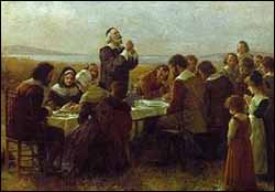 Detail from 'The First Thanksgiving' (1914) by Jennie Augusta Browscombe (1850-1936)